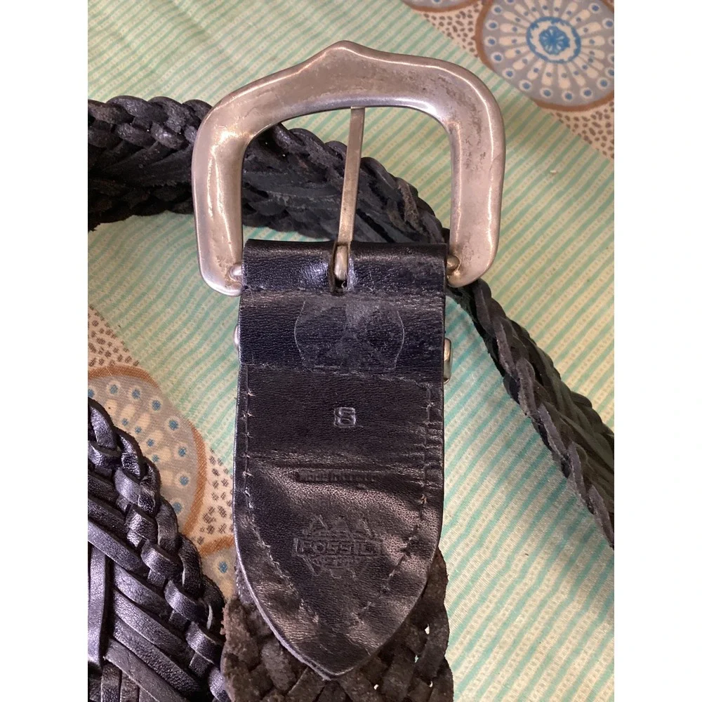 Fossil Black Braided Leather Belt Women Small Silver Ornate Western Buckle Boho